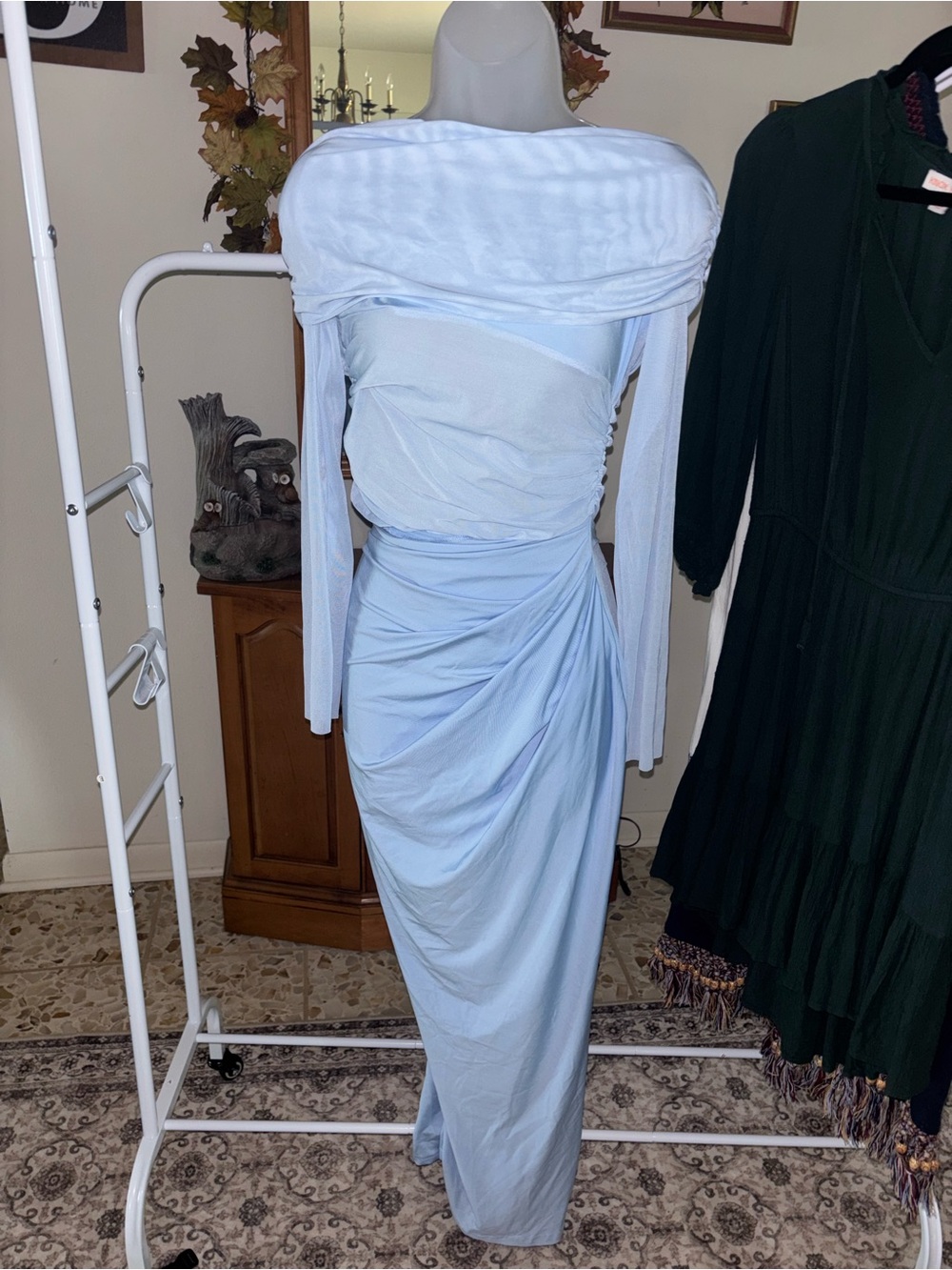 Off-Shoulder Light Blue Long Sleeve Draped Maxi Dress